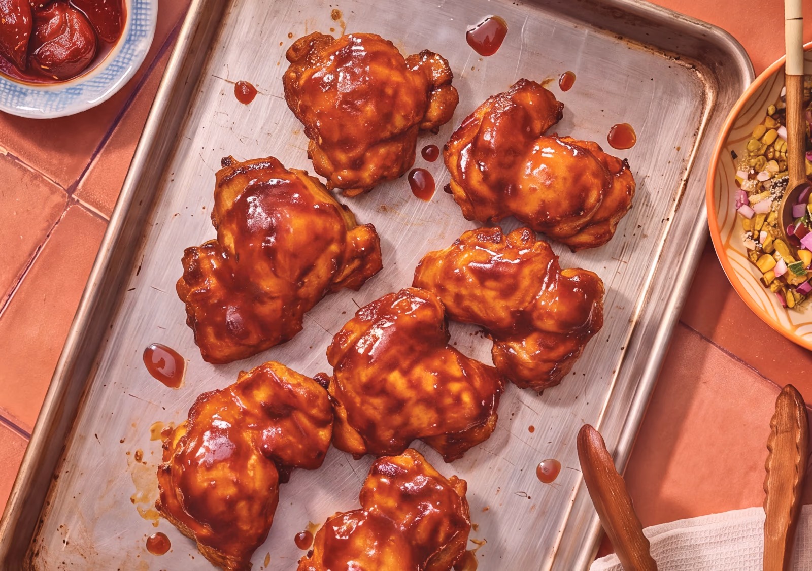 Honey Adobo Chicken coated in sauce on a metal tray