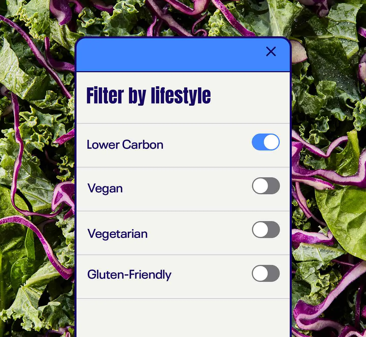Lower Carbon selected in the Just Salad menu’s lifestyle filters